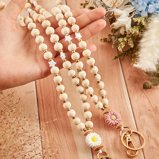 Daisy Flower Beaded Lanyard for ID Badge Holder, Crude Wood Bead Lanyard with Breakaway Clasp, Teacher Keychain, Nurse Gift, Graduation Present, Simple Floral Bohemian Necklace for Teachers, 6 Pack