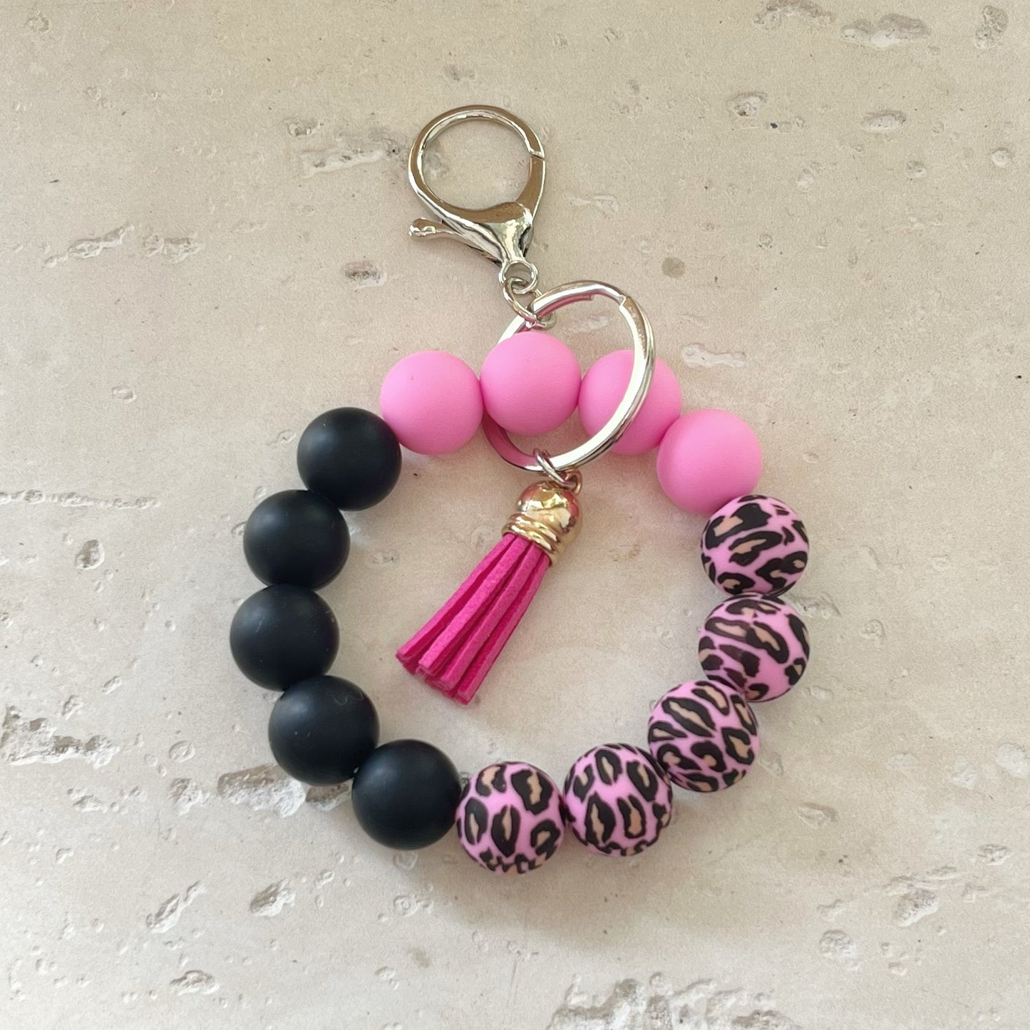 Festive Pink Leopard Print Silicone Bead Keychain with Tassel - Perfect for Birthdays - Women's Fashion Accessory