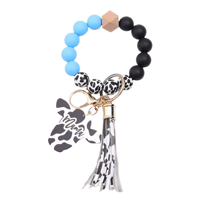 Hemasa Cow Head MAMA Silicone Beaded Bracelet Wristlet Keychain With Western Bangle Keychain