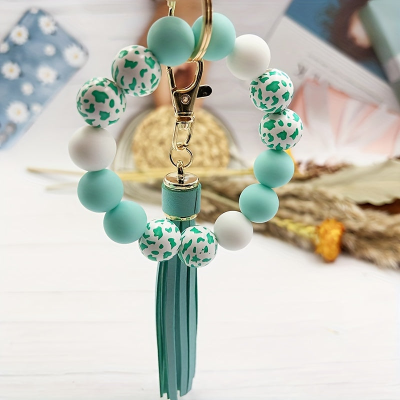 Cow Pattern Silicone Wooden Beaded Wristlet Keychain With PU Leather Tassel Wester Fashion Bangle Keychain Bag Charm Phone Lanyard Mother's Day Gift