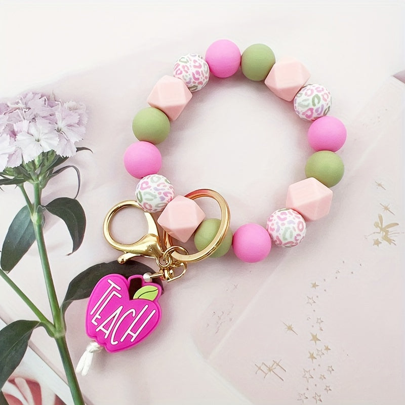 1pc Silicone Bead Keychain With Leopard Print & Pink Apple "TEACH", Cute Fresh Colorful Key Ring, Anti-Lost Bag & Car Key Charm, Perfect For Female Teachers