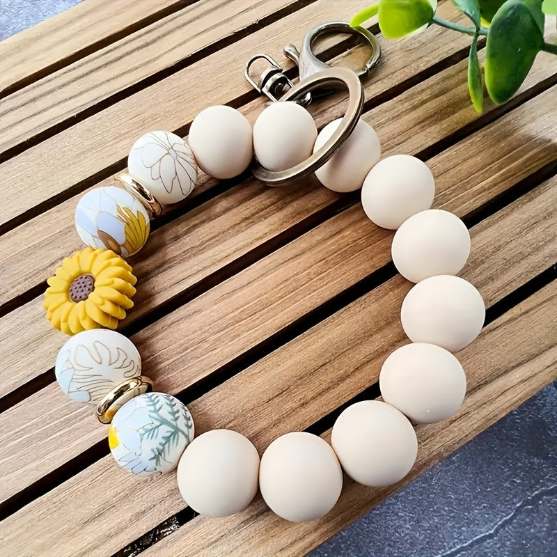 Bohemian Silicone Beaded Keychain, Sunflower And Daisy Print - Plant Theme Keychain with Lobster Clasp Women'S Bracelet Wristband Keychain Bag Pendant Keychain, a Great Gift for Friends