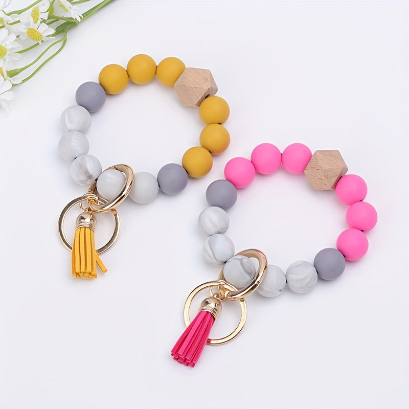 1pc, Silicone Beaded Keychain For Women Bracelet Fashion Vintage Boho Car Keychain Leather Tassel Beaded Bracelet Key Ring Bag Pendant Halloween Thanksgiving Gift Party Small Gift For Men And Women The Same Style