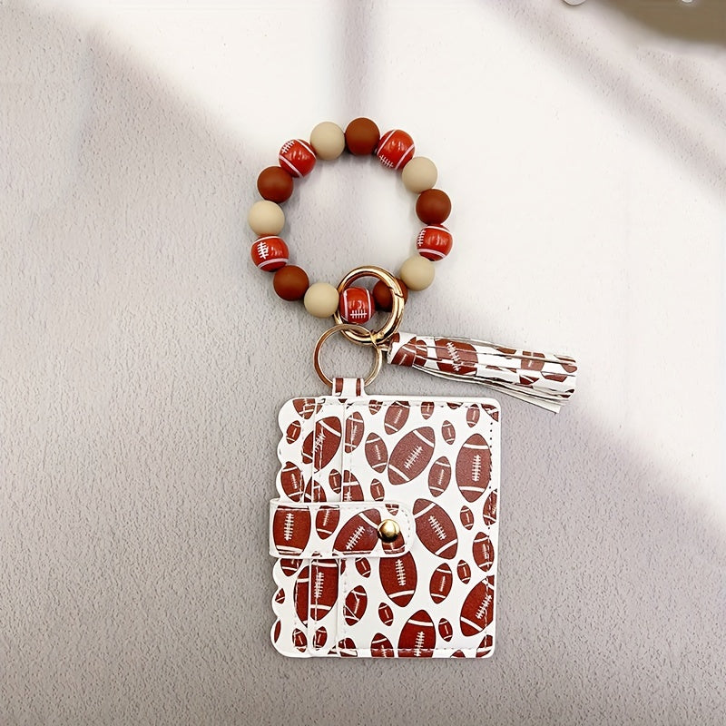 Sporty Chic Beaded Silicone Bracelet Keychain with Coin Purse - Faux Leather, Tassel Accent, Lobster Clasp - Perfect Gift for Women