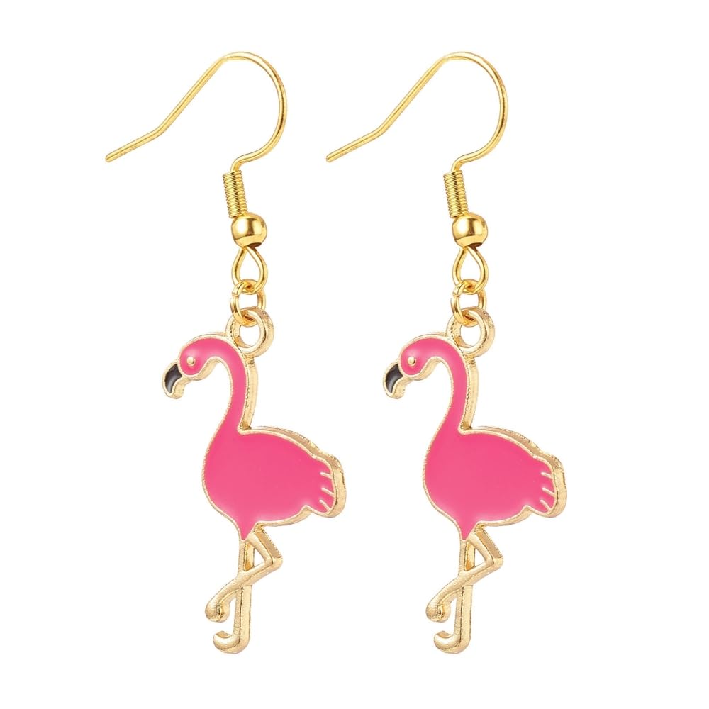 Deep Pink Enamel Flamingo Dangle Earrings