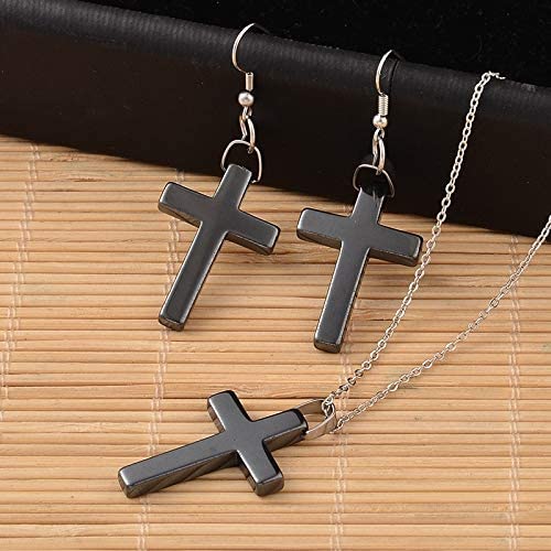 Hematite Cross Pendant Necklace and Dangle Earring Jewellery Set
