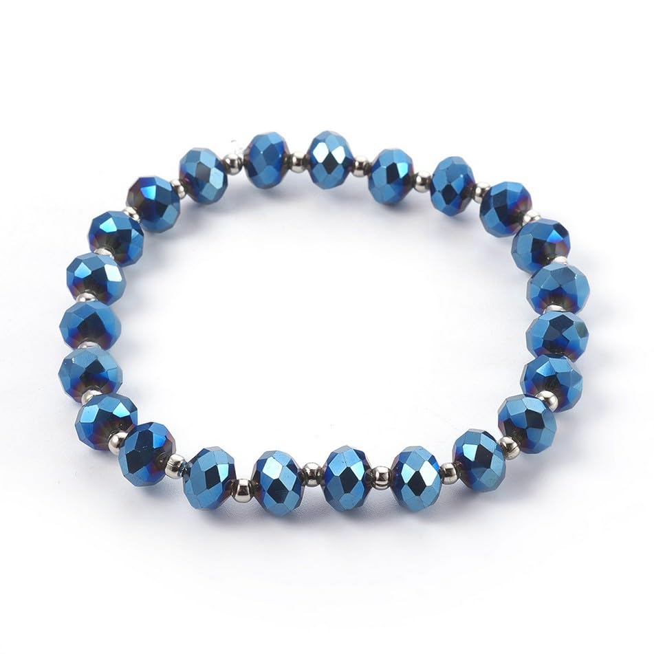 Blue cloured Electroplate Glass Stretch Bead with Brass Spacer Beads Bracelet