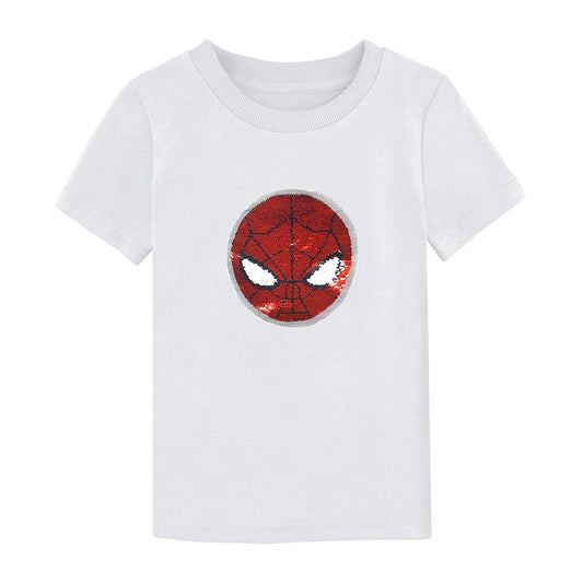 Hemasa Spider Man Sequins Patch Boys White Colour T Shirt (White, 8-10 Years)