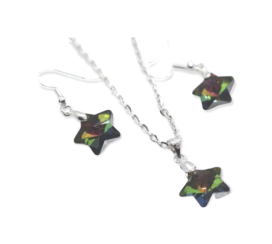 Beautiful Crystal Glass Star Charm Necklace and Ear Rings