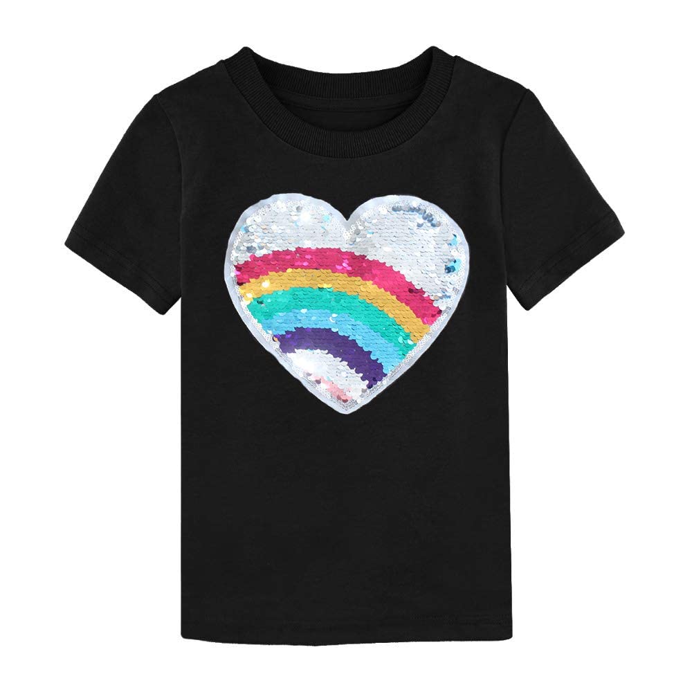 Girls Heart Multi Colour Sequins Patch Tee Shirt (Black, 8-10 Years)