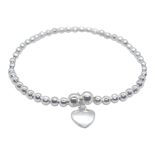 Silver Colour Round Beads With Heart Charm Stretchable Bracelet