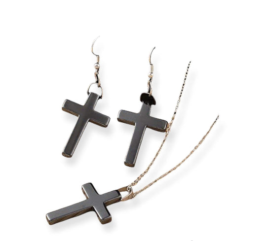 Hematite Cross Pendant Necklace and Dangle Earring Jewellery Set