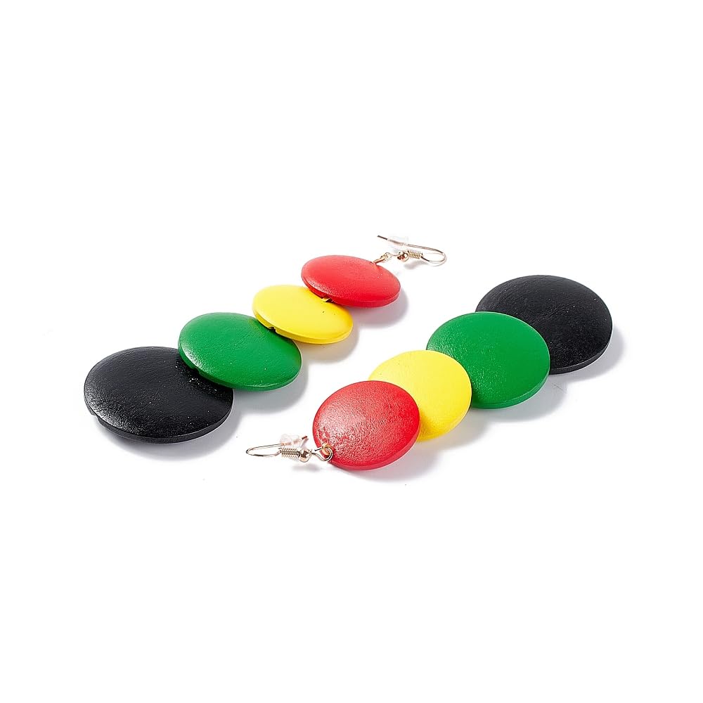 Wood Flat Round Beaded Dangle Earrings - Multi Colour