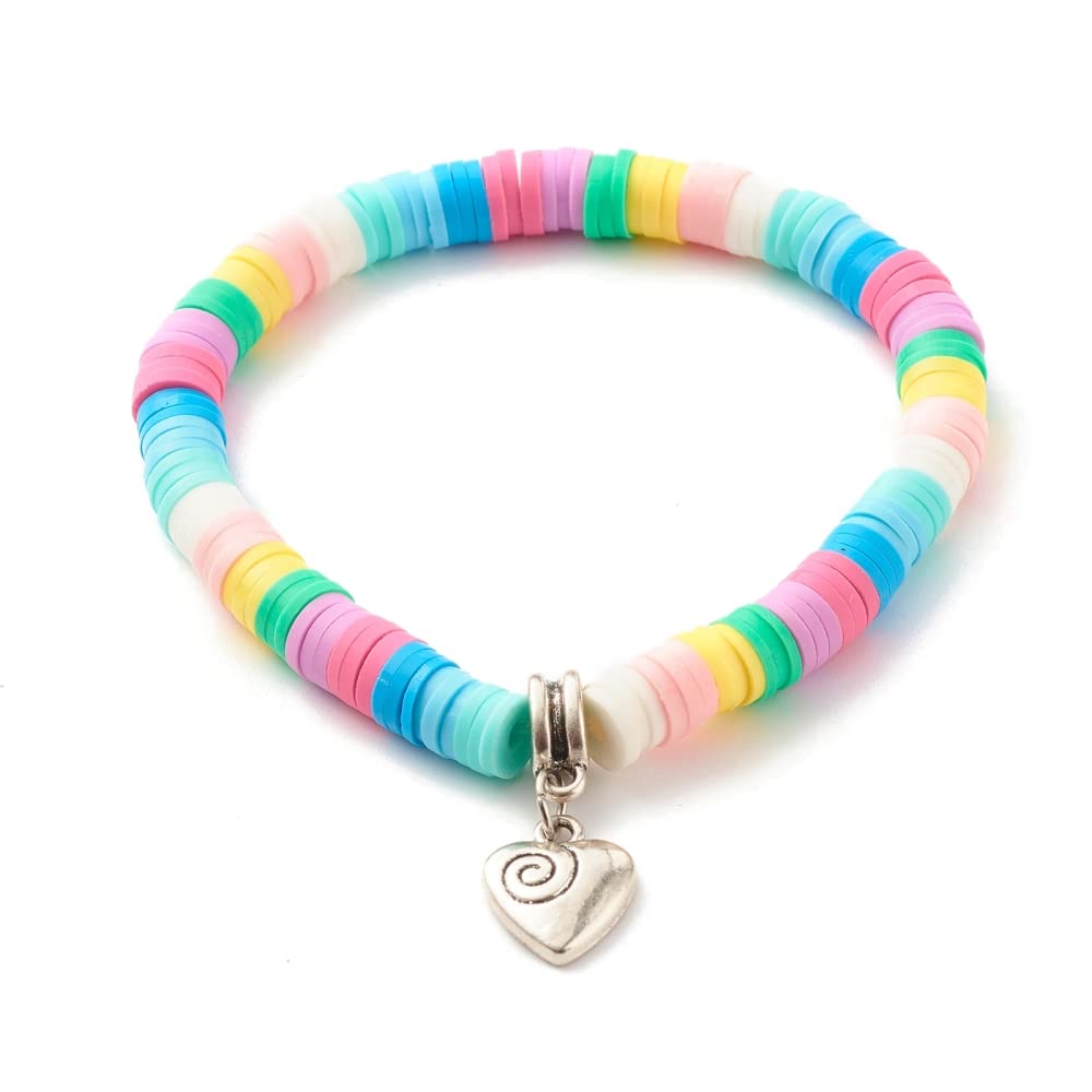 Handmade Polymer Clay Heishi Beads Stretch Bracelet With heart charm