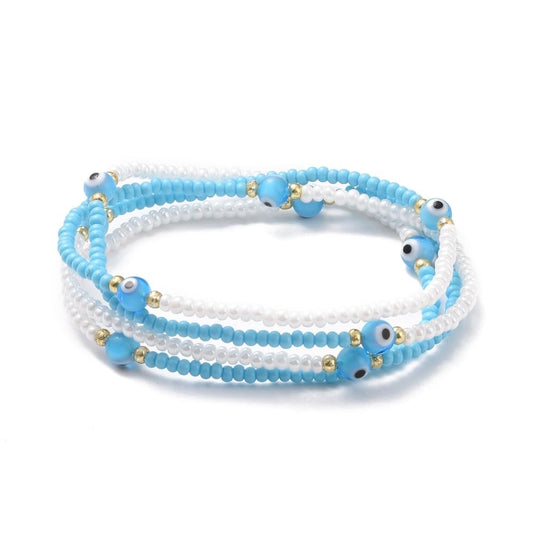 Sky Blue seed beads stretchable waist chain with Evil Eye Beads