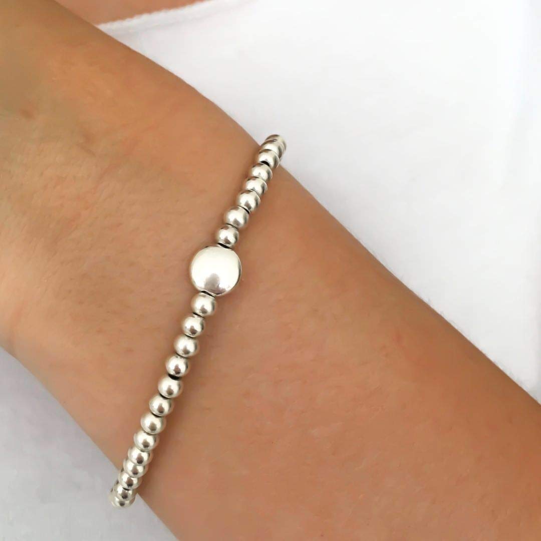 Silver Colour Round Beads Stretchable Bracelet