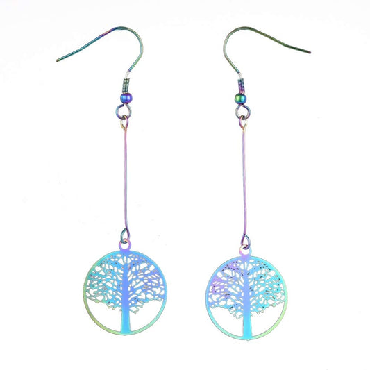 Rainbow Coloured Flat Round with Tree of Life Dangle Earrings