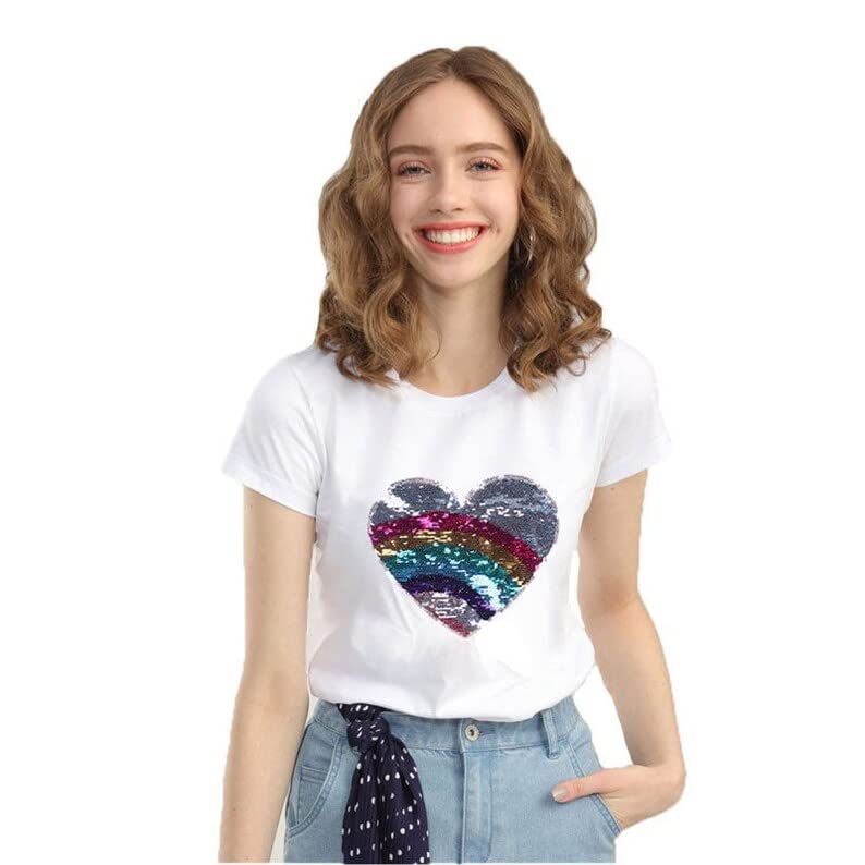 Heart reversible sequin patch white T-shirt for girls (S)