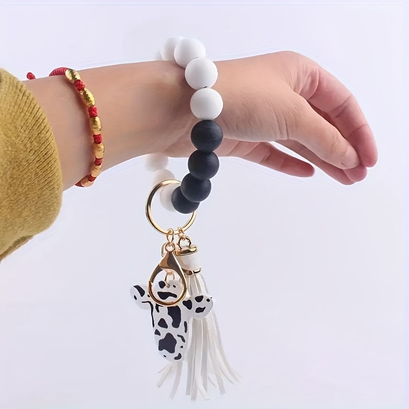 Wooden Bead Wristlet Keychains, PU Leather Tassel, Silicone Bracelet Key Ring, Fashion Accessory For Keys And Wallets