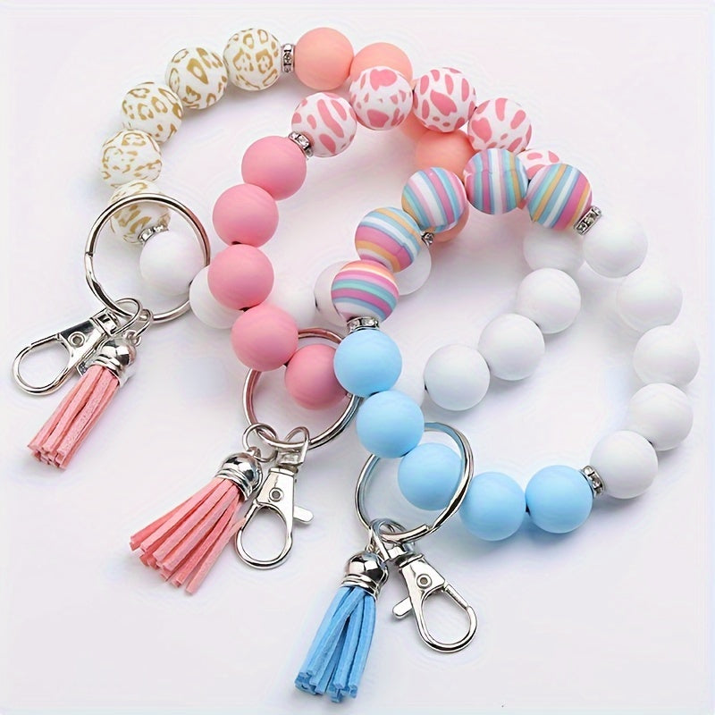 Hemasa Silicone Beaded Keychain with PU Leather Tassel, Leopard Print Car Key Ring