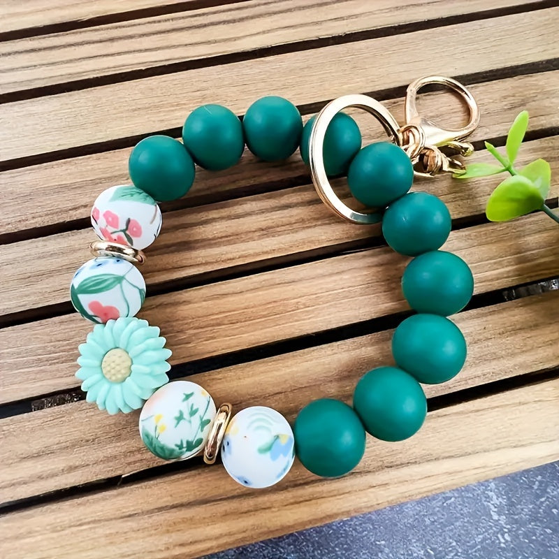 Bohemian Silicone Beaded Keychain, Sunflower And Daisy Print - Plant Theme Keychain with Lobster Clasp Women'S Bracelet Wristband Keychain Bag Pendant Keychain, a Great Gift for Friends