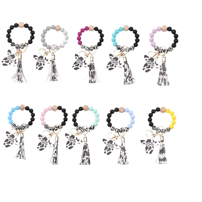 Hemasa Cow Head MAMA Silicone Beaded Bracelet Wristlet Keychain With Western Bangle Keychain