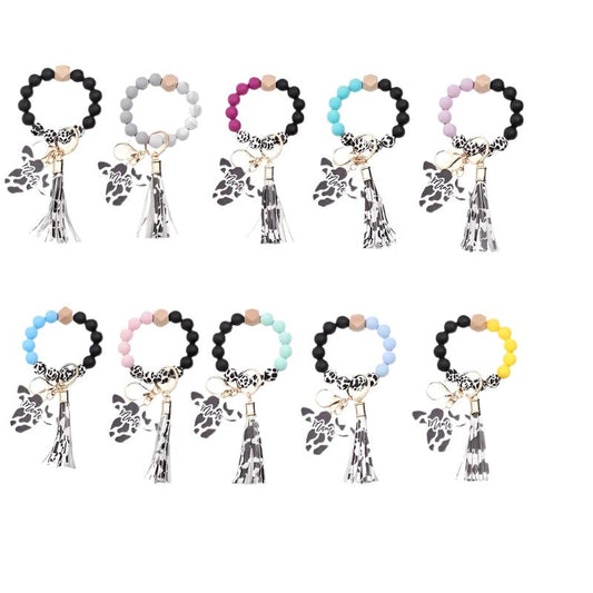 Hemasa Cow Head MAMA Silicone Beaded Bracelet Wristlet Keychain With Western Bangle Keychain