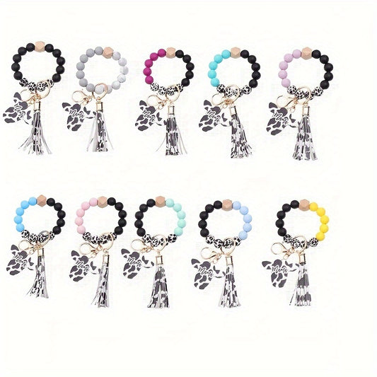Cow Head MAMA Silicone Beaded Bracelet Wristlet Keychain With Western Bangle Keychain Bag Charm Phone Lanyard Mother's Day Women daily use Gift