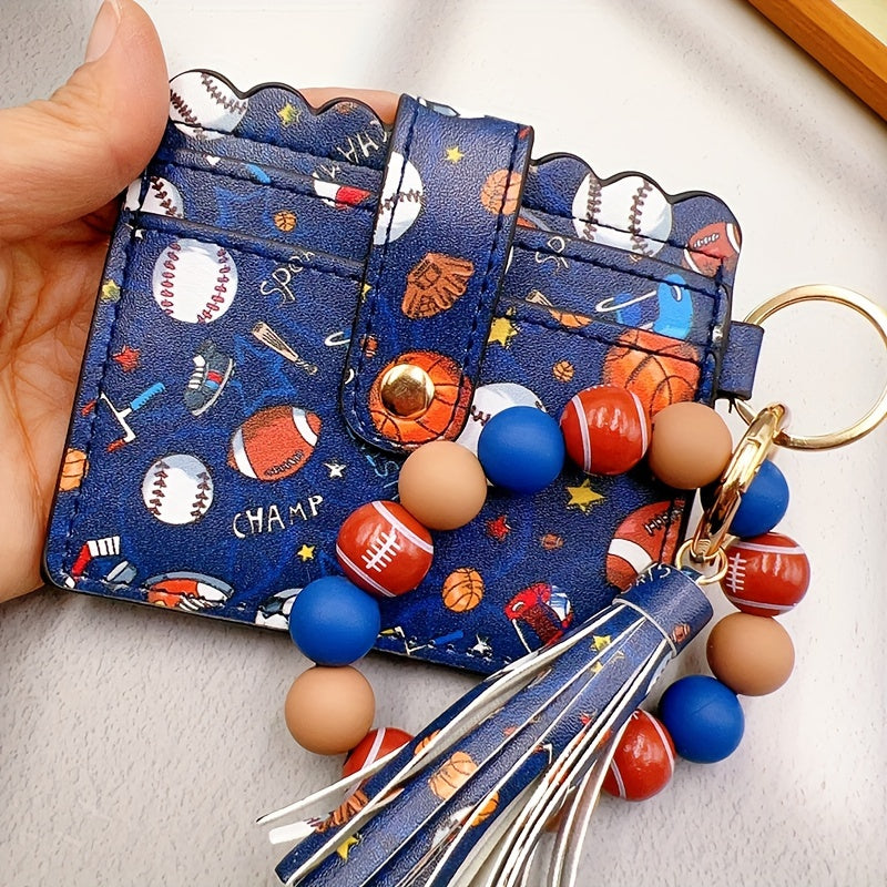 Sporty Chic Beaded Silicone Bracelet Keychain with Coin Purse - Faux Leather, Tassel Accent, Lobster Clasp - Perfect Gift for Women