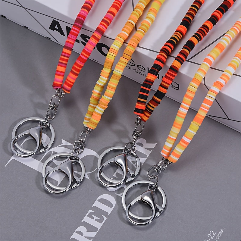 Bohemian Style Clay Bead Badge Holders with Rotatable Metal Buckle - Pack of 4 Multicolor Teacher Lanyards for ID Badges, Keys, Cruise Cards - Durable and Fade-Resistant Neck Keychain Straps