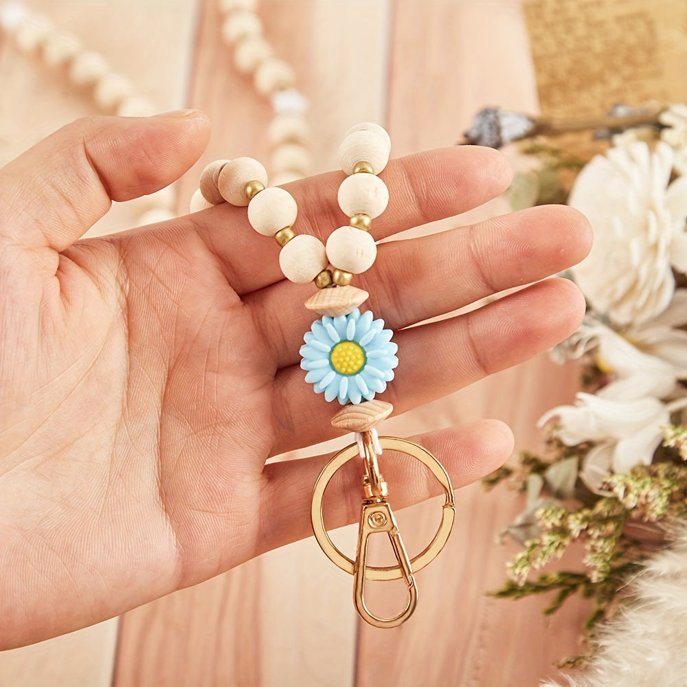 Daisy Flower Beaded Lanyard for ID Badge Holder, Crude Wood Bead Lanyard with Breakaway Clasp, Teacher Keychain, Nurse Gift, Graduation Present, Simple Floral Bohemian Necklace for Teachers, 6 Pack