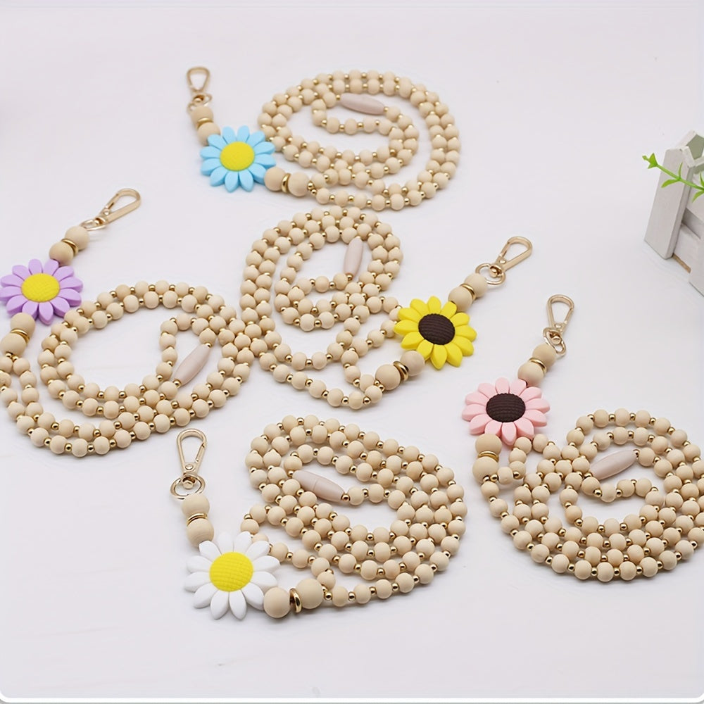 Elegant Wooden Bead Keychain With Golden Spacer Beads And Silicone Flower Charm - Versatile Accessory For All Seasons