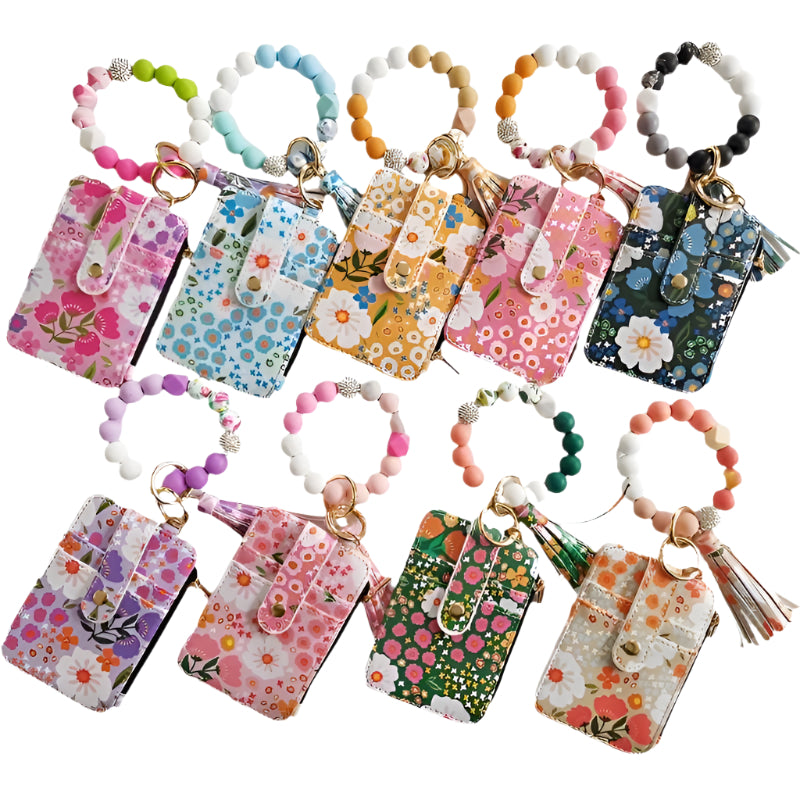 Hemasa Leather Key Chain, Floral Fringe Card Bag Anti-loss Key Chain Pendant