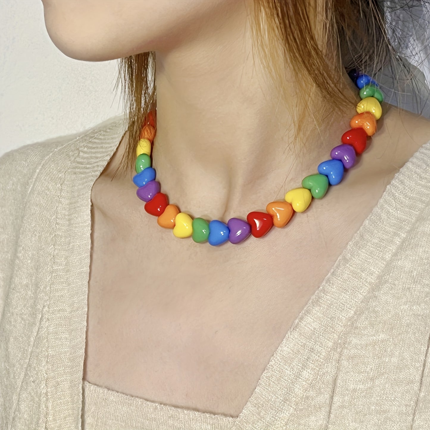 Colorful Acrylic Heart Bead Choker Necklace with OT Clasp, Fashionable Personality Neckwear for Women - Suitable for Music Festivals, Parties, and Daily Wear - No Plating, Vacation and Party Style - One Piece