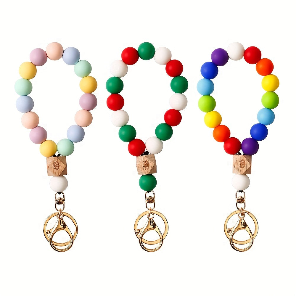Rainbow Silicone Beads Wrist Bracelet Keychain Bag Key Ring Pendant Accessories