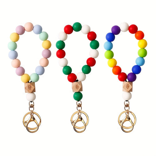 Rainbow Silicone Beads Wrist Bracelet Keychain Bag Key Ring Pendant Accessories