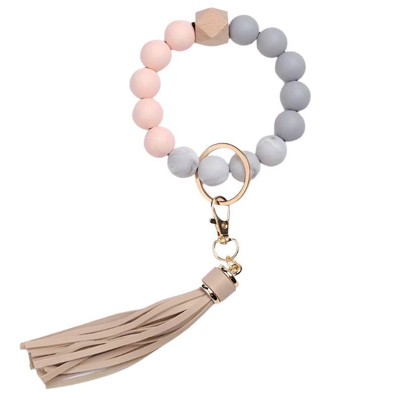 Hemasa   Silicone Bead Keychains With Tassel Charm, Stretchable Colorful Beaded Wristband Key Ring, Universal Fashion Accessory