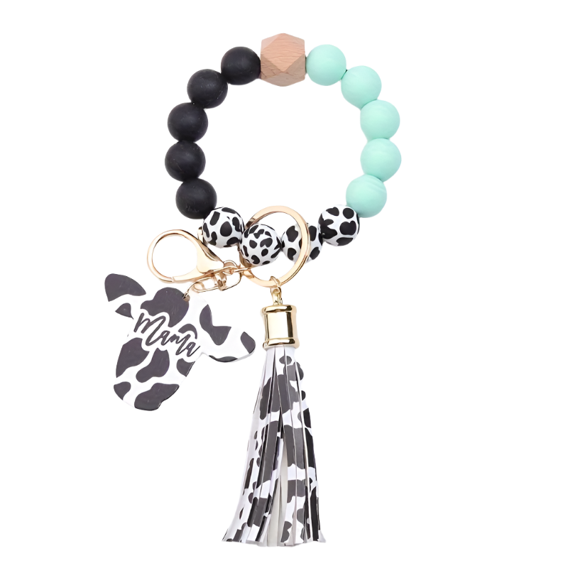 Hemasa Cow Head MAMA Silicone Beaded Bracelet Wristlet Keychain With Western Bangle Keychain