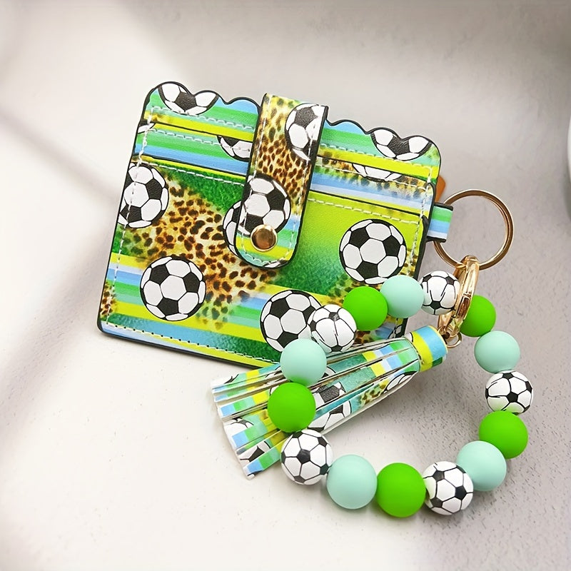 Sporty Chic Beaded Silicone Bracelet Keychain with Coin Purse - Faux Leather, Tassel Accent, Lobster Clasp - Perfect Gift for Women