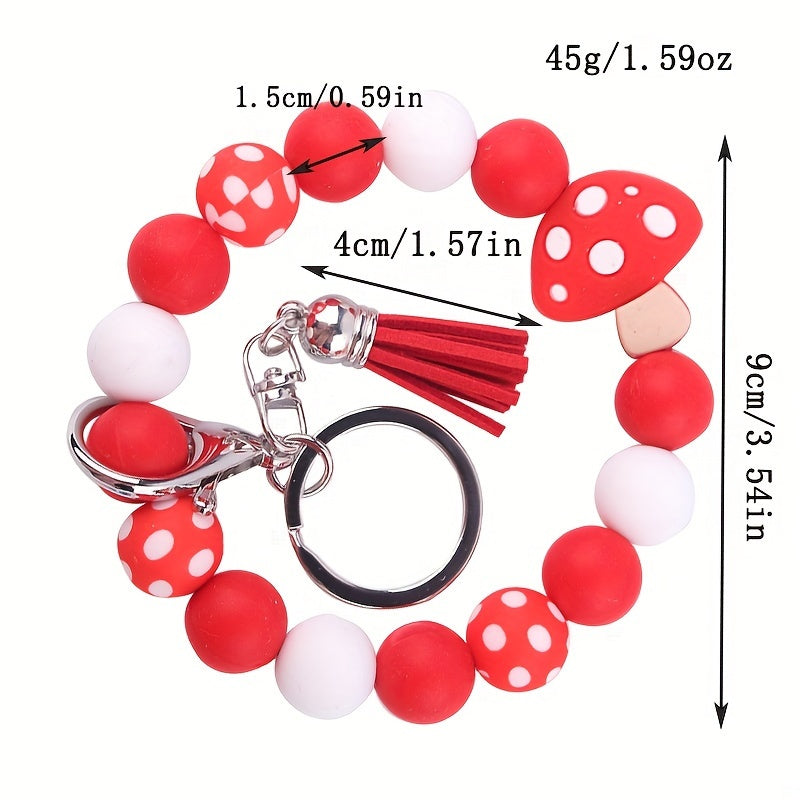 Chic Mushroom Charm Silicone Beaded Bracelet Keychain With Pu Leather Tassel - Lobster Clasp, Cartoon/Plant Theme For Women Pendant For Women