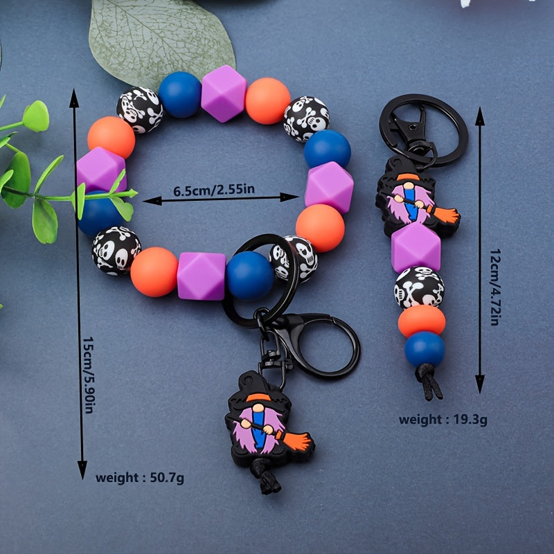 Halloween Witch Broom & Skull Silicone Beaded Keychain - Cartoon/Punk Style, Lobster Clasp, Fashionable Women's Accessory, Perfect Gift