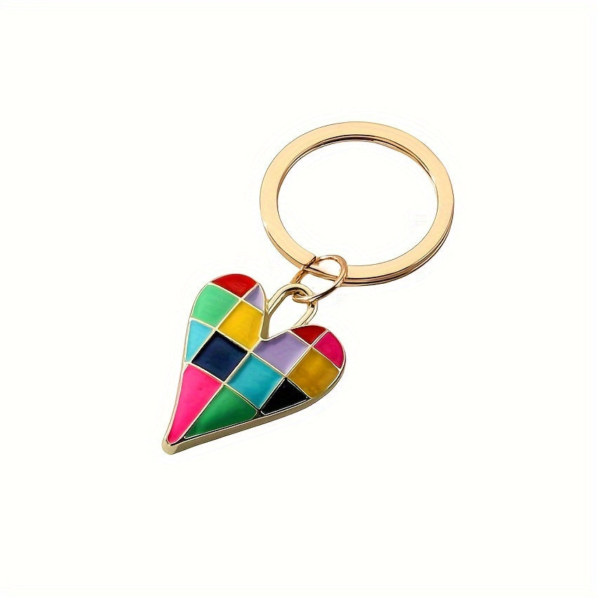 1pc Checkered Heart Shaped Keychain Colorful Alloy Key Chain Ring Bag Backpack Charm Car Key Pendant Gift