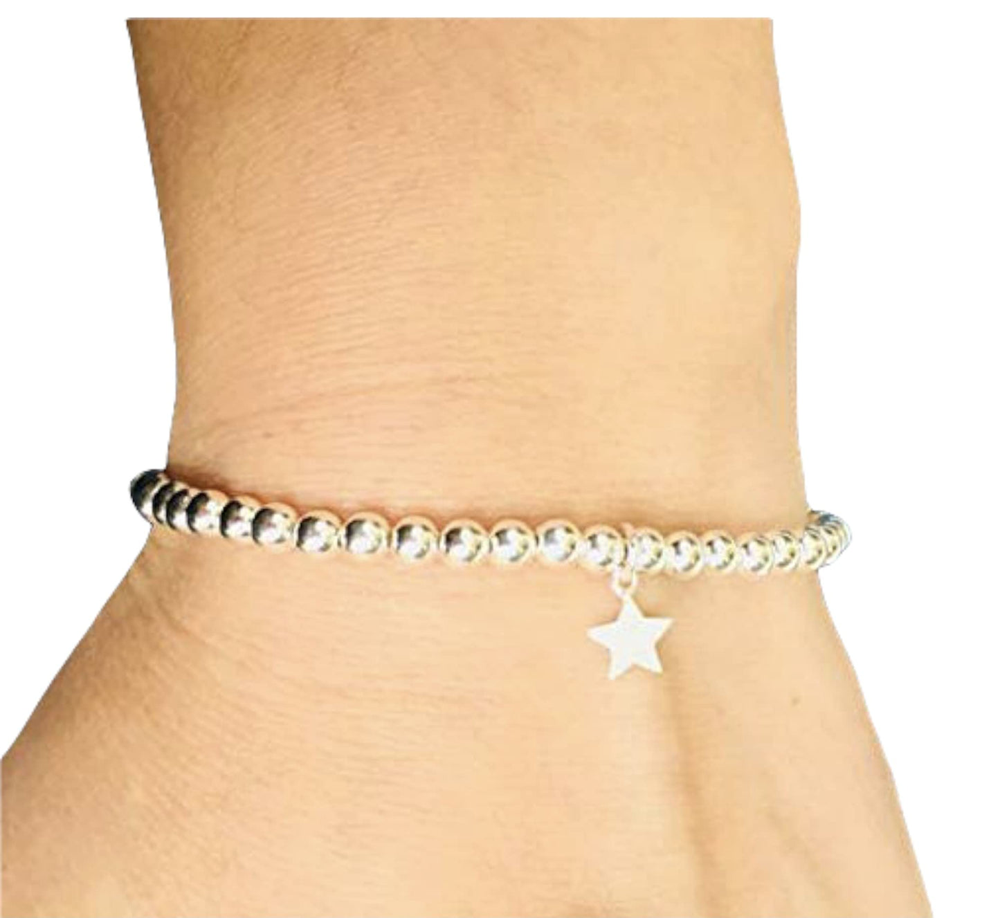 Silver Colour Round Beads With Star Charm Stretchable Bracelet