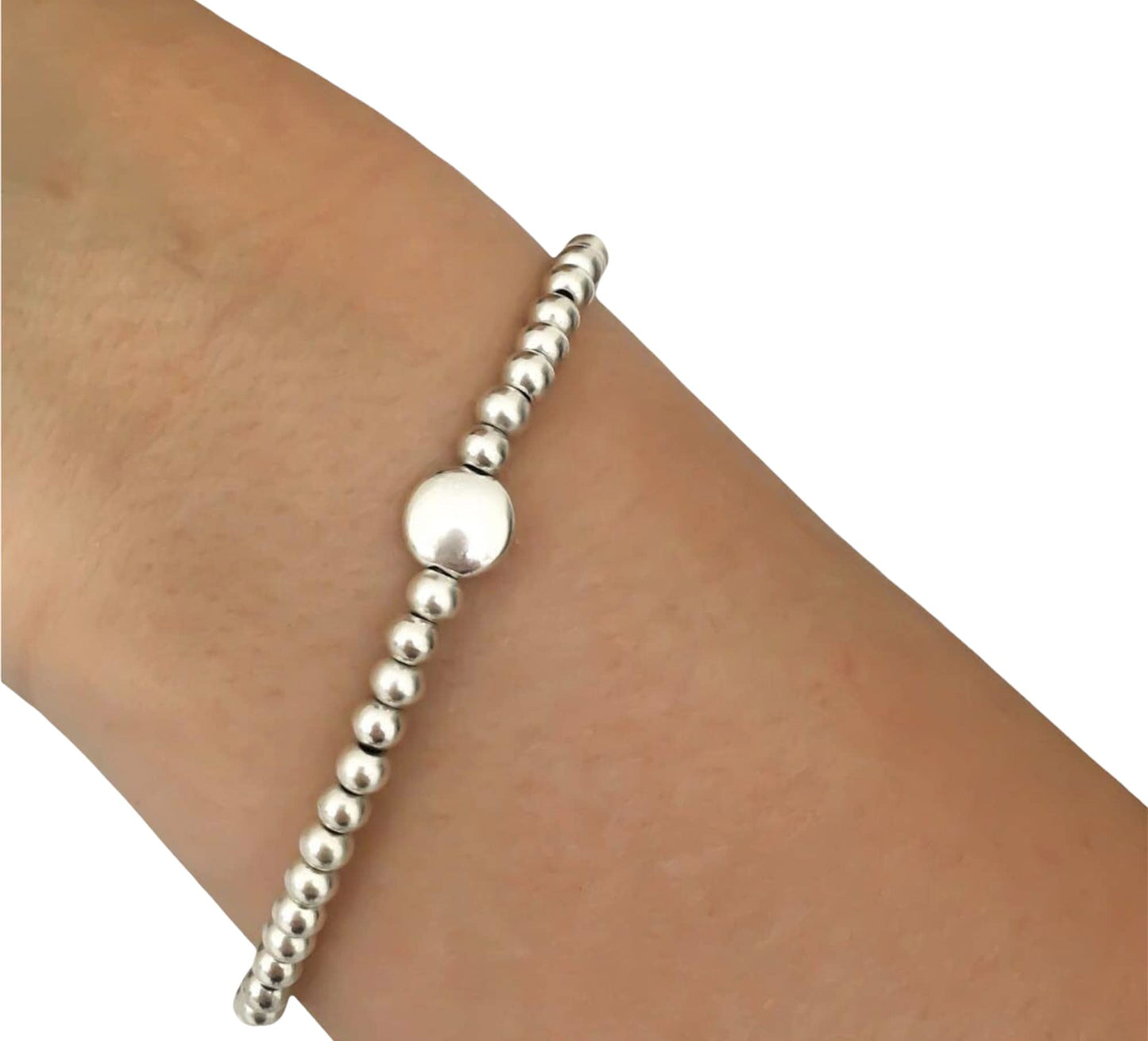 Silver Colour Round Beads Stretchable Bracelet