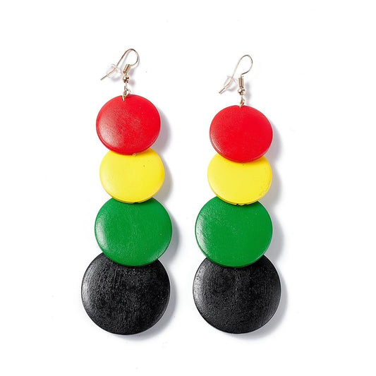 Wood Flat Round Beaded Dangle Earrings - Multi Colour