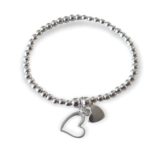 Silver Colour Round Beads With Heart Charms Stretchable Bracelet