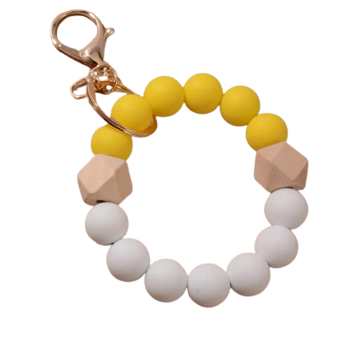 New Design Luxury Camouflage Silicone Bead Wrist Keychain Women Wood Bead Bracelet Keyrain For Car Keys Bag Pendant Friends Gift