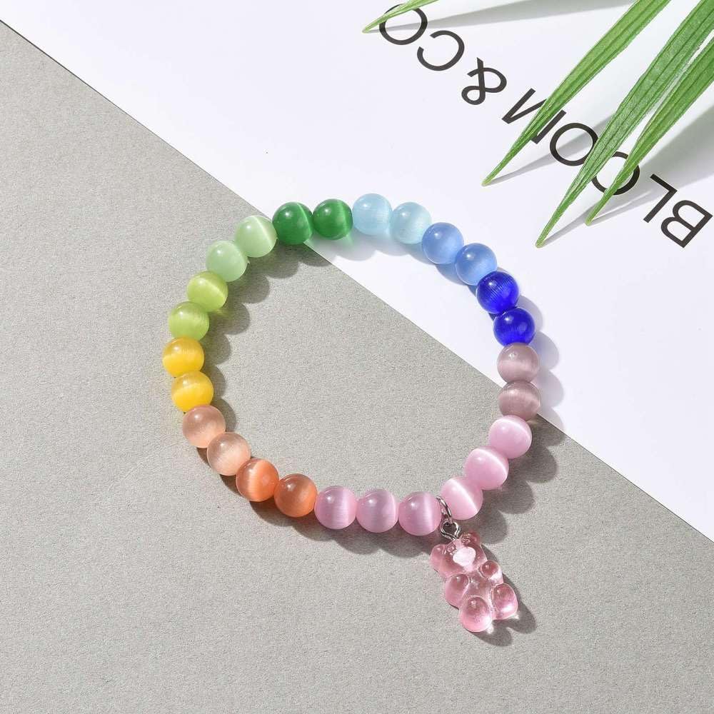 Resin Bear with Mixed Colour Cat eye Beads stretchable bracelet