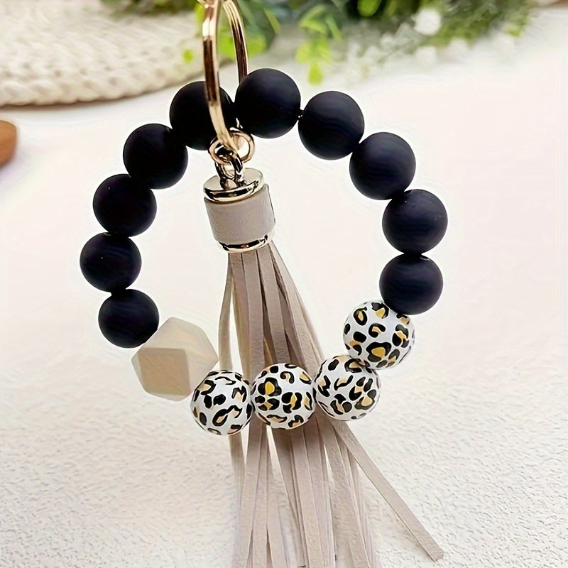 Hemasa Black Leopard White Bottom Wooden Beads Rubber Paint Round Beads PU Tassel Bangle Keychain