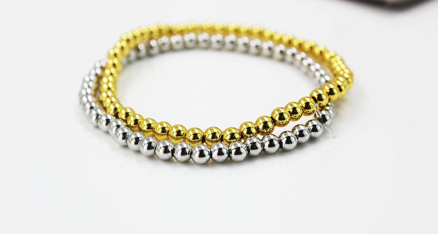 Gold and silver colour beads stretchable bracelet (set of 2)